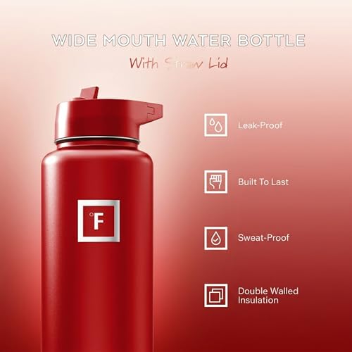 IRON °FLASK 40 oz Wide Mouth Water Bottle with Straw - color: Fire Red, style: Straw - 40 Oz (1 Lid)