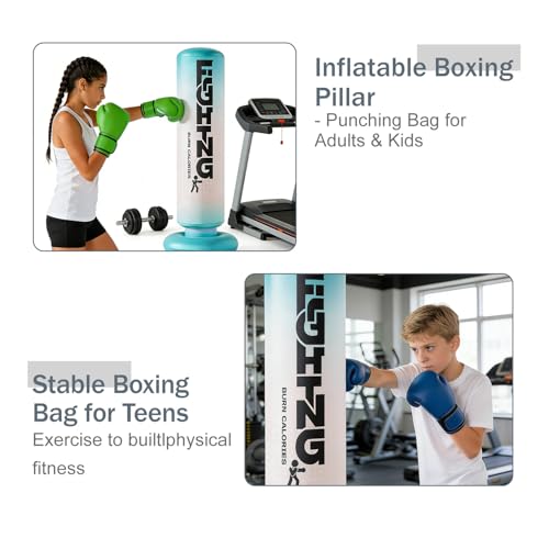 Inflatable Boxing Pillar - Punching Bag for Adults & Kids,Tall Larger 59.1 Inch Stable Boxing Bag for Teens, Fast Inflation Deflation Design, Water Filled Base, Easy Inflate Valve - color: blue