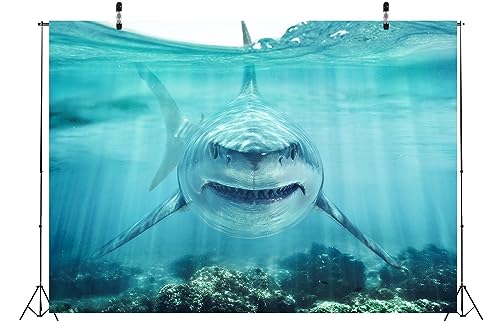 BELECO 12x8ft Fabric Shark Under The Sea Backdrop Aquarium Background Party Decorations Banner Birthday Photoshoot Studio Props Wallpaper - size: 12x8FT