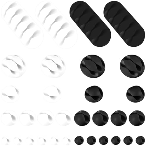 32Pcs Self-adhesive Silicone Cable Clips Assortment Set, Desk Wire Management Cord Organizer Clips Keeper for Nightstand, Desk, Office, PC, Home, Car