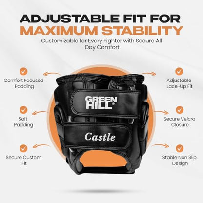 Green Hill Castle Boxing Headgear, Shock Absorption, Secure Fit,Boxing Gear | Boxing Head Guard, MMA Headgear, Muay Thai Headgear, Sparring Headgear, Boxing Protective Gear, Martial Arts Headgear