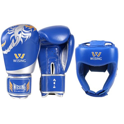 WESING Martial Arts Headgear Gloves Set Boxing Headgear 10oz Boxing Gloves for Men Women Kickboxing Sparring Training - color: Blue, size: Small