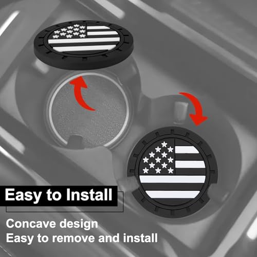 4PCS Car Cup Coasters, 2.75 Inch Universal American Flag Cup Holder Coasters for Car Accessories, Non-Slip Silicone Anti-Shock Drinking Mats for Trucks, Cars, RVs and SUVs (Black)