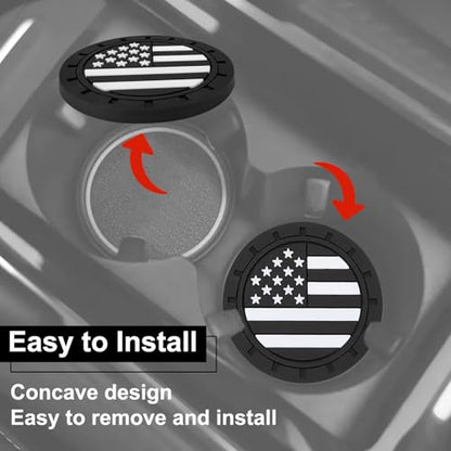 4PCS Car Cup Coasters, 2.75 Inch Universal American Flag Cup Holder Coasters for Car Accessories, Non-Slip Silicone Anti-Shock Drinking Mats for Trucks, Cars, RVs and SUVs (Black)