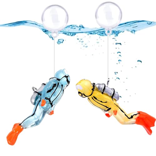 2pcs Glow-in-The-Dark Fish Tank Decorations, Cute Little Diver Aquarium Decoration, Floating Aquarium Accessories, Fish Playmate for Fish Tank Swimming Pool (Blue, Yellow) - color: Luminous Blue Diver+luminous Yellow Diver (Both With Fishing Line and Floa