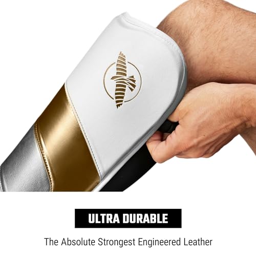 Hayabusa T3 Full-Back Shin Guards - color: White/Gold, size: Medium