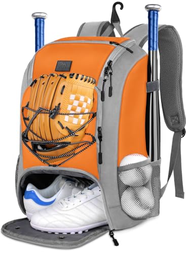 MATEIN Youth Baseball Backpack, Softball Bat Bag with Shoes Compartment | Lightweight Baseball Bag for Boys and Adult, Fence Hook Hold TBall Bat, Batting Mitten, Helmet, Caps, Teeball Gear Equipment - color: Orange, size: 47L