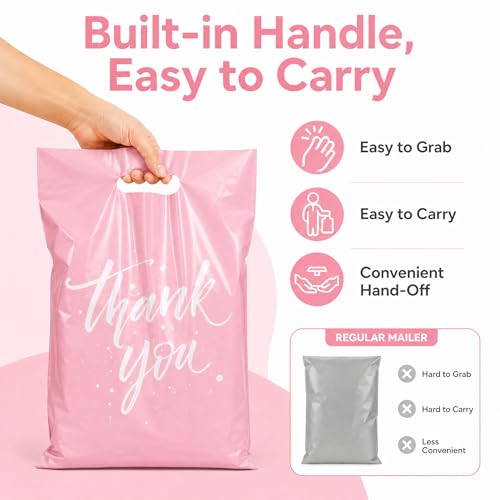 Metronic Thank You Poly Mailers 14.5x19 50 Pcs, Easy to Carry Shipping Bags with Handle, Self Seal Mailers Poly Bags for Small Business Packing and Shipping, Large Package Bags Mailing Bags, Pink - color: Pink, size: 14.5X19" 50PC