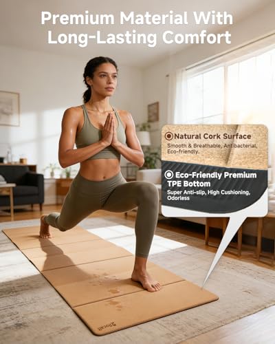 Rocalt Foldable Cork Yoga Mat, Non Slip Travel Pilates Workout Mat