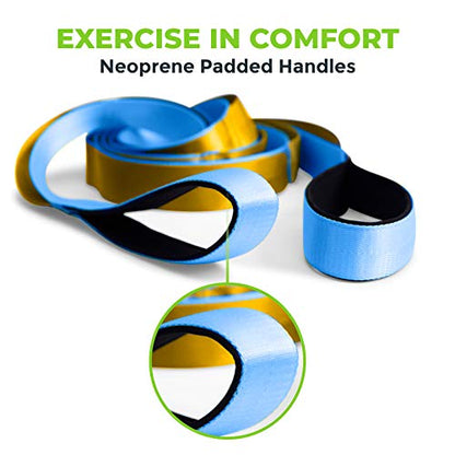 Stretching Strap for Physical Therapy, 12 Multi-Loop Stretch Strap 1.5" W x 8' L, Neoprene Handles, Physical Therapy Equipment, Yoga Straps for Stretching, Leg Stretcher. - color: Blue/Gold