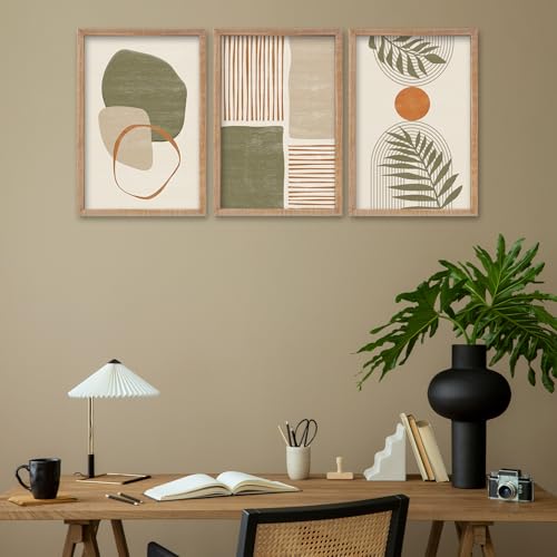 SRSZHIYUE Large Green Abstract Boho Plant Wall Art Neutral Bohemian Set of 3 Wood Framed 16x11 Inch for Living Room Bedroom Wall Decor Hanging (Wood)