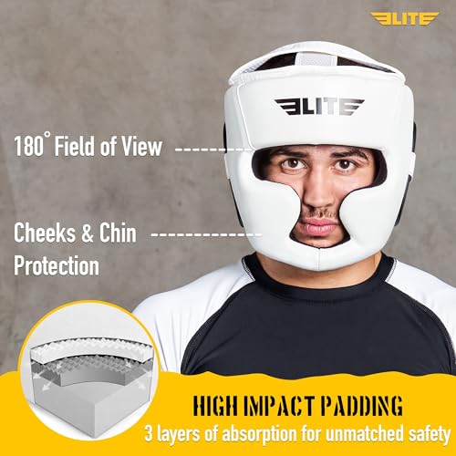 Elite Sports Boxing Headgear Men, Boxing Head Guard Sparring Gear, MMA Headgear Kickboxing Muay Thai Training Helmet, Protective Fighting Gear, Adjustable Face Protection - color: White