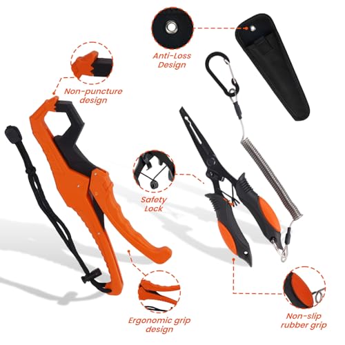 RAWILL 9 Pcs Fishing Tool Kit, Fishing Pliers with Lanyard and Protective Sheaths, Landing Net, Fillet Knife, Fish Scale, Gripper - color: Orange