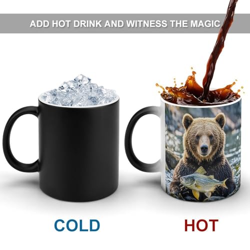 Color Changing Coffee Tea Bear Holding Fish Mug 11 Oz Heat Changing Ceramic Cup Novelty Black Heat Sensitive Mug Funny Morphing Milk Cup Personalized Gift for Men Women