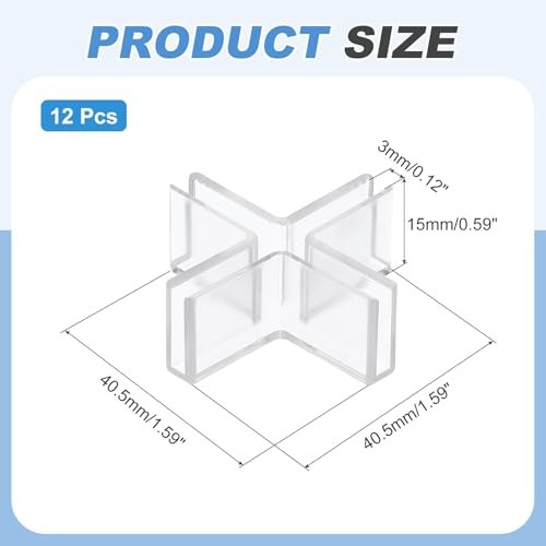 uxcell 12Pcs Plastic Glass Connector, Suitable for 3mm Thick Cross Shaped Glass to Glass Clamp, Fixing Bracket Rimless Clip Holder for Aquarium Fish Tank Display Shelves, Transparent