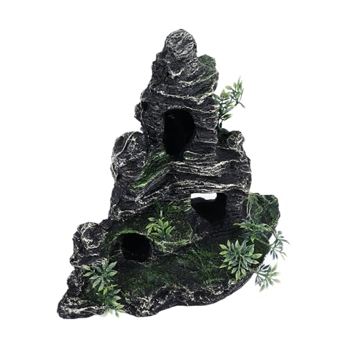 Aquarium Rockery Decoration, Fish Tank Resin Rockery with Hiding Cave, Realistic Mountain View Landscaping Stone for Freshwater and Saltwater Tanks, Safe Non -