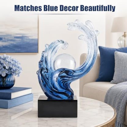 Blue Ocean Wave Statue for Beach House Decor,Resin Modern Abstract Art,For Coastal Nautical Office Surfers Gifts,Coffee Table,Tv Stand,Dining Table Center Decorative Shelf Decor Accent for Men (Blue)
