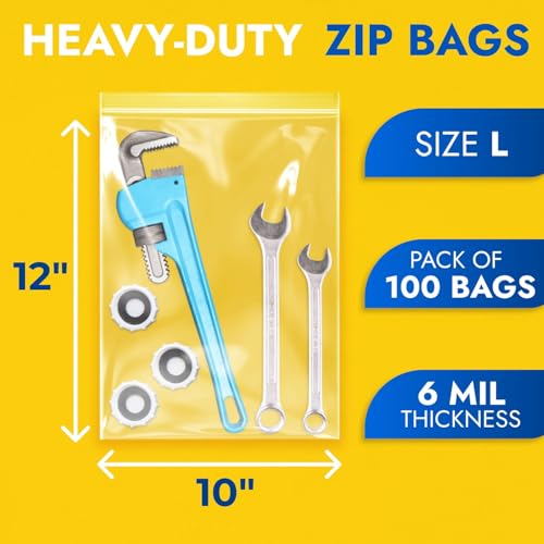 10" x 12" Reclosable Plastic Zip Bags, Pack of 100, 6 Mil Heavy-Duty Clear Poly Bags, Resealable for Food, Clothes, Hardware, Jewelry - size: 10"W x 12"H