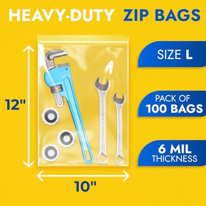 10" x 12" Reclosable Plastic Zip Bags, Pack of 100, 6 Mil Heavy-Duty Clear Poly Bags, Resealable for Food, Clothes, Hardware, Jewelry - size: 10"W x 12"H