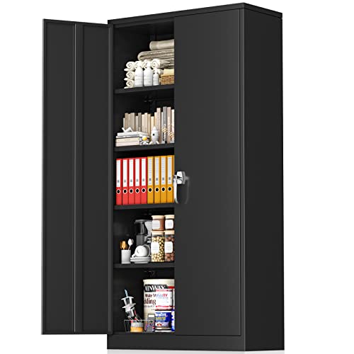 Storage Cabinet, 72” Black Garage Steel Locking Cabinet with Doors and 4 Adjustable Shelves, Tall Lockable File &Tool Cabinet for Home Office, Metal Classroom Cabinet Basement