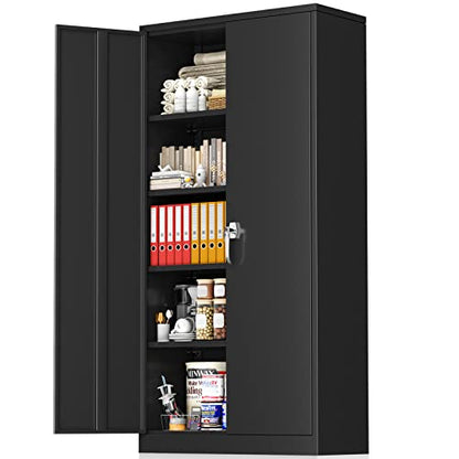 Storage Cabinet, 72” Black Garage Steel Locking Cabinet with Doors and 4 Adjustable Shelves, Tall Lockable File &Tool Cabinet for Home Office, Metal Classroom Cabinet Basement