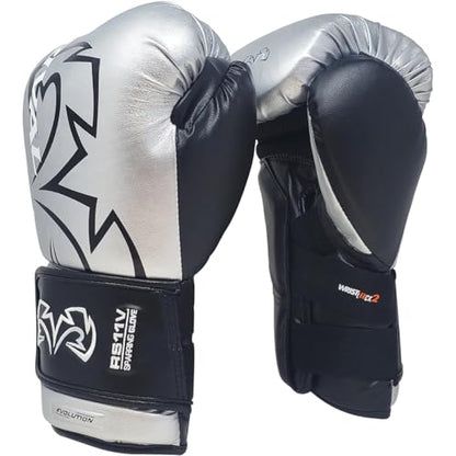 RIVAL Boxing RS11V Evolution Sparring Gloves, Extra-Thick 2” Padding, V-Strap Wrist Lock 2 System, Large Hand Compartment, and 15 Degree Angle Cuff - color: Silver, size: 14 oz.
