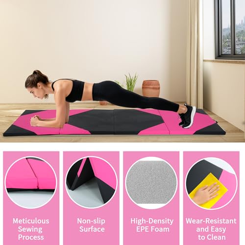 4'x10'x2" 4-Panel Folding Gymnastics Mat, 2-Inch Thick PU Leather Tumbling Mat with Carrying Handles for Exercise, Yoga, Cheerleading, Martial Arts & Home Workouts - color: PB