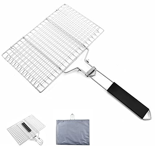 Fish Basket for Grilling- BBQ Basket Stainless Steel Barbecue Basket with Foldable Handle, Portable Outdoor/Camping Grilling Accessories, Grill Vegetable Basket for All Grills（13.2 X 8.6 Inches） - style: Fish Basket