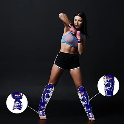 Spall Pro US Muay Thai Guards Shin Guards for Kickboxing Martial Arts Kicking BJJ Boxing Equipment MMA Training and Sparring Leg Guard with Instep Protection Pads Born to Fight Blue (Medium)