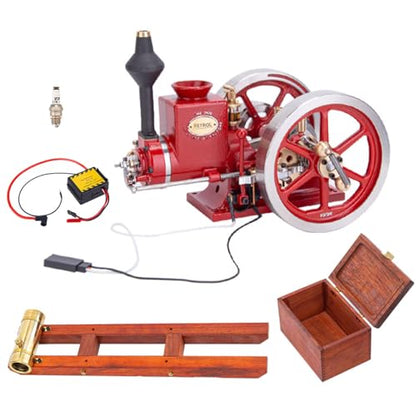 Retrol HM-01 DIY Hit and Miss Engine Model Complete Kit, 4-Stroke Horizontal Internal Combustion Engine Build Set with Base, Fuel Tank, CDI Igniter and Spark Plug, Red - color: Kit Set/Red