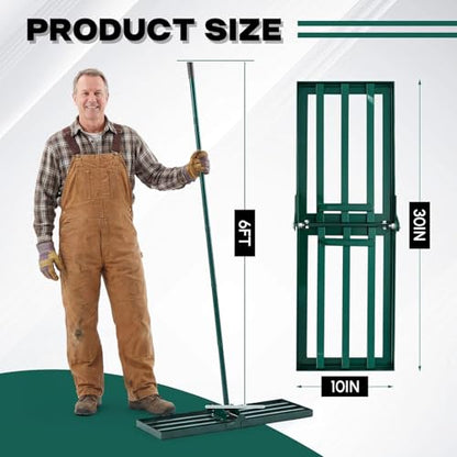 Lawn Leveling Rake 30"x10" Heavy Duty Carbon Steel, 72" Adjustable Long Handle, Leveler Tool for Yard Garden Golf Course Soil Dirt Ground Surface Leveling