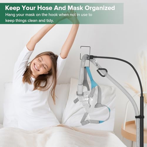 CPAP Hose Holder for Bedside - All-Metal Stand with Aluminum Hook | NoWall Drilling | Fits ResMed/Philips/AirSense Tubing | Helps Keep Hose Clean &Tangle-Free
