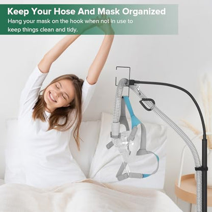 CPAP Hose Holder for Bedside - All-Metal Stand with Aluminum Hook | NoWall Drilling | Fits ResMed/Philips/AirSense Tubing | Helps Keep Hose Clean &Tangle-Free