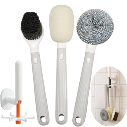 Dish Brush with Handle,4-Pieces Dish Brush Set with Holder,Replaceable Brush Heads Long Handle Kitchen Scrubber,for Pots,Sink,Pans &Bottles.Gray