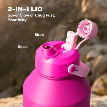 POWCAN 64 oz Insulated Metal Water Bottle for Women: 2-in-1 Straw & Spout Lid, Keep Cold 48H, Leakproof, Carrier Bag, Half Gallon Stainless Steel Water Bottle for Sports, Travel, and Fitness (Peony) - color: Peony