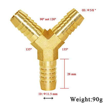 5/8" Hose Barb Thick Brass Y Shaped 3 Way Union Fitting Intersection/Split Water/Fuel/Air - size: 5/8" (90°)