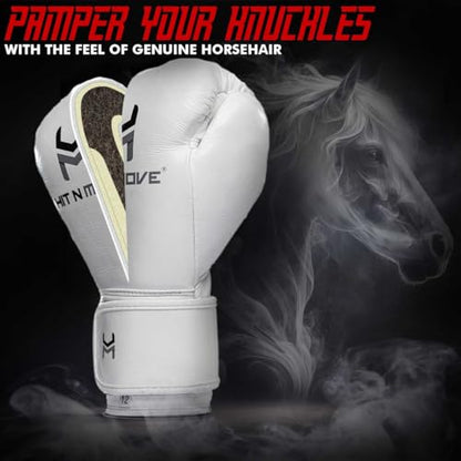 HIT N MOVE Süvari Horsehair Boxing Gloves Hook and Loop, Lace-Up Boxing Gloves Men, Boxing Equipment, MMA Gloves Men, UFC Gloves Horsehair and 100% Cow Leather - size: 14 Oz, style: Hook and Loop WHITE