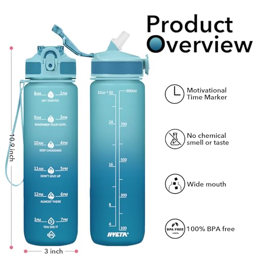 Hyeta Plastic Water Bottle With Straw & Time Marker, 32oz Leakproof Jug - color: Blue-Blue Ombré