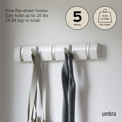 Umbra Flip Coat Rack, Wall Mounted 5-Hook Space Saving, White/Nickel - color: White/Nickel, size: 5 hook