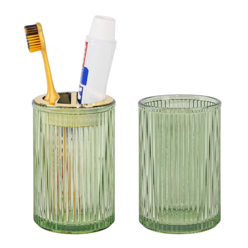 Toothbrush Holders for Bathrooms, 2pcs Glass Toothbrush Holder, 12oz Bathroom Tumbler and Mouthwash Cup, Tooth Brush and Toothpaste Organizer for Bathroom Vanity Countertop (Green Gold) - color: Green Gold