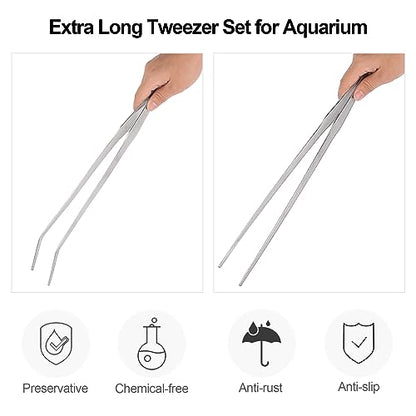 Aquarium Tweezers Extra Long 15 inches Feed Tong clamps - FEITA Straight and Curved Stainless Steel 38cm Tweezers Set for Fish Tank Plants Aquascape Tools & Reptile Feeding Tongs - Sliver 2Pcs