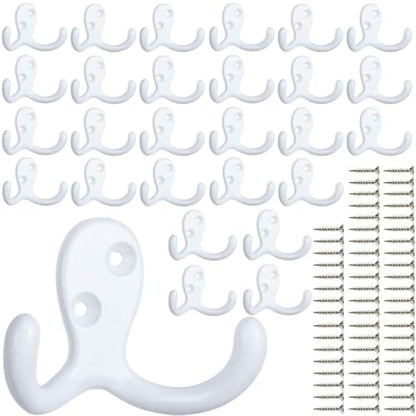 IBosins 28 Pack White Double Prong Coat Hooks Wall Mounted with 56 Screws - color: 28 Pcs White