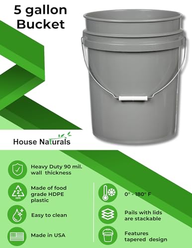 5 Gallon Food Grade BPA Free Made in USA Pails Gray Bucket with Screw On Air Tight Lid (2, Gray with Green lids)