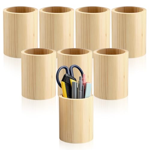 8-Pack Wood Pen Holder, 4 Inch Round Pencil Holder, Desk Organizer Cups, Unfinished Brown Pine Wood Craft Cylinders for DIY, Makeup Brushes, Utensils