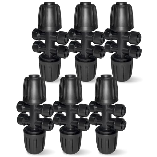 6 Pack 1/2'' to 1/4'' Drip Irrigation Fittings, Push-to-Fit 6 Way Drip Irrigation Part Barbed Tee Connectors, Anti-Leak Locked Splitter Fitting for 1/2" Irrigation Tubing (0.6''-0.67''OD)