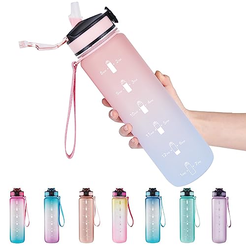 EYQ 32oz Water Bottle with Straw, Time Marker, Blue Purple - color: 6.Ruby/Blue Gradient