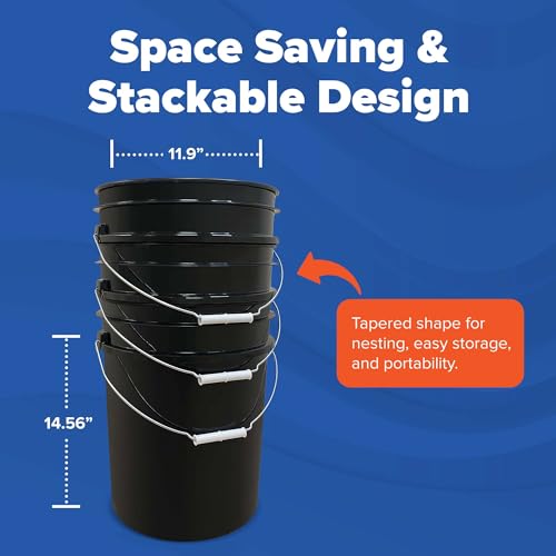 5 Gallon Bucket - Food Grade Bucket, Metal Handle Grip, BPA-Free, Heavy-Duty 90 Mil HDPE Plastic Pail, Stackable Utility Container, Made in USA, Lid Not Included, Black, 60 Packs - color: Black, size: 60 Packs