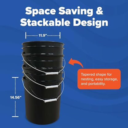 5 Gallon Bucket - Food Grade Bucket, Metal Handle Grip, BPA-Free, Heavy-Duty 90 Mil HDPE Plastic Pail, Stackable Utility Container, Made in USA, Lid Not Included, Black, 60 Packs - color: Black, size: 60 Packs