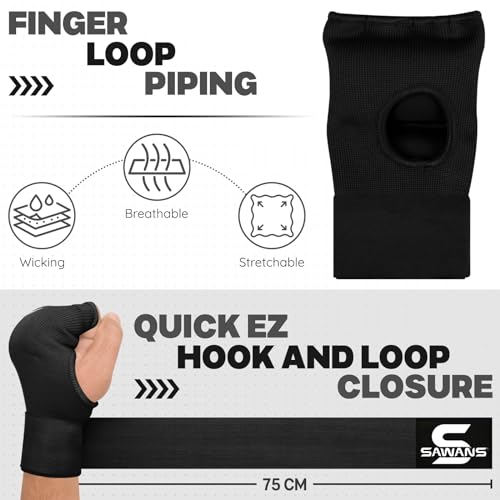 SAWANS Boxing Hand Wraps Inner Gloves for Hand Protection Long Wrist Straps Elasticated, Padded Martial Arts Combat Gloves Punching Bag Training Gel Mitts Muay Thai MMA - size: Kids/Junior