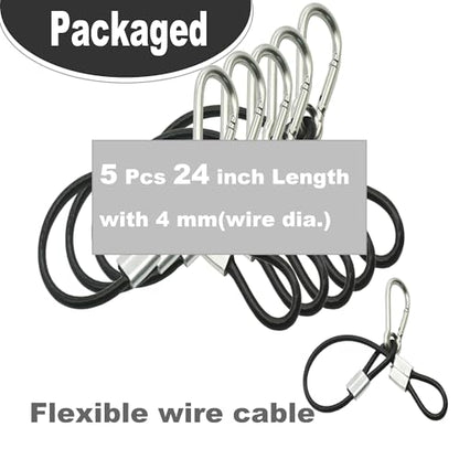 5 pcs 24 inch Vinyl Cover Coated Stainless Steel Wire Rope Lanyard Cable Tether Safety Strap with Hooks and 2 Loops (4mm Thickness), Black - color: 5pcs_black, size: 24"/60cm